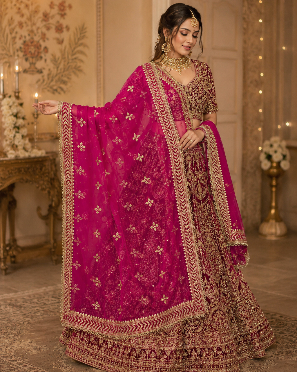 Magenta Pink Net Dupatta — Gold Floral Booti with Chevron Lace Border