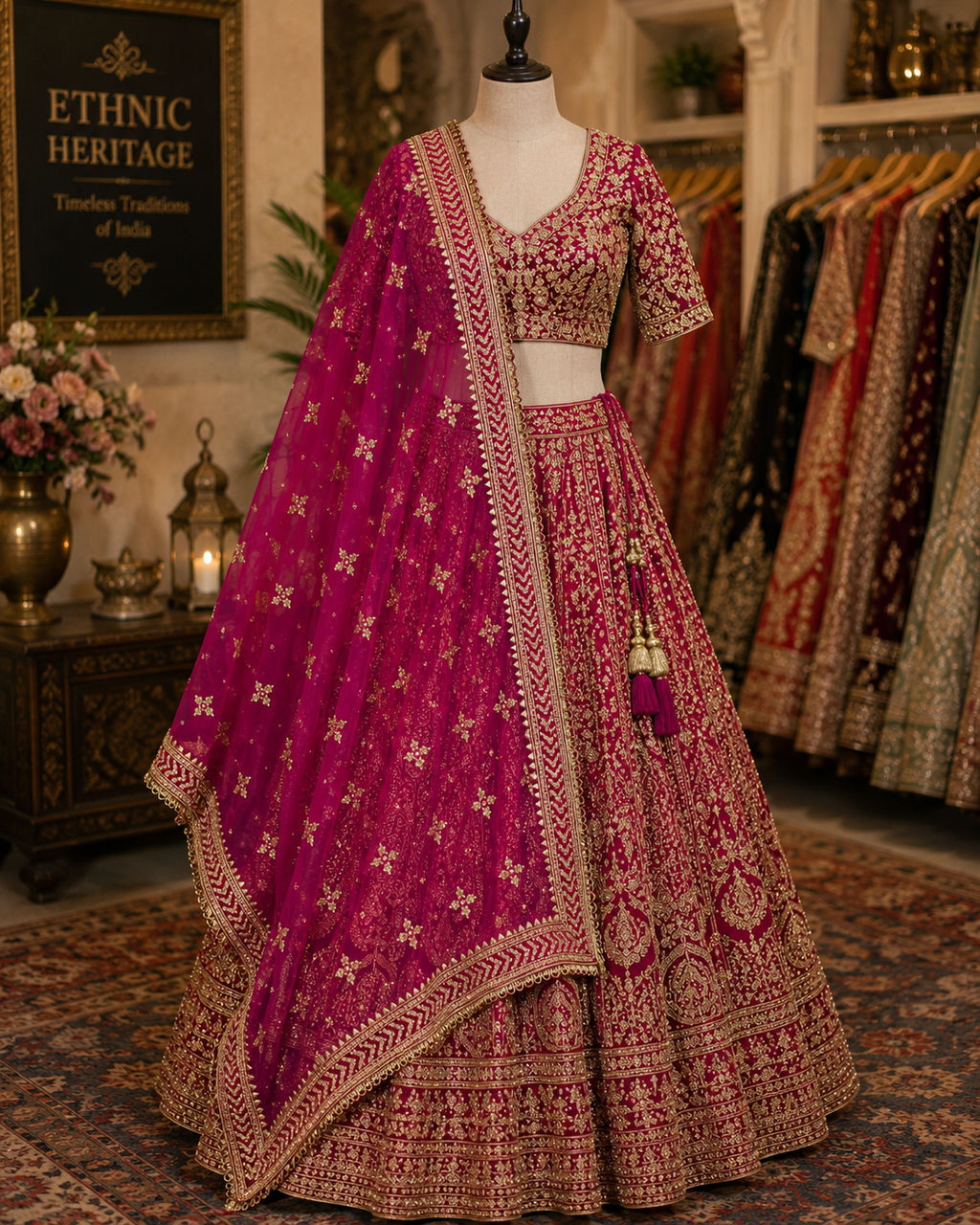 Magenta Pink Net Dupatta — Gold Floral Booti with Chevron Lace Border