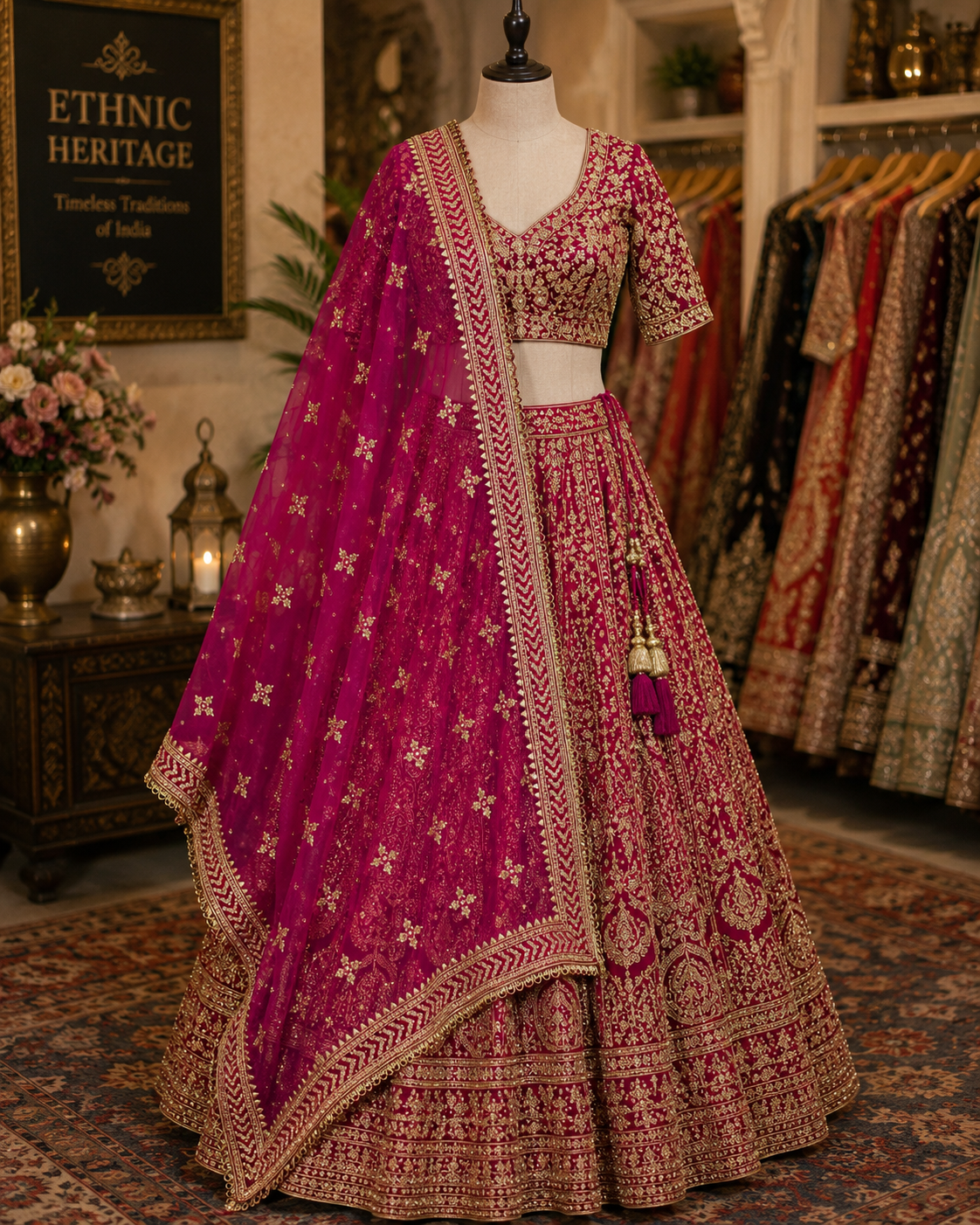 Magenta Pink Net Dupatta — Gold Floral Booti with Chevron Lace Border