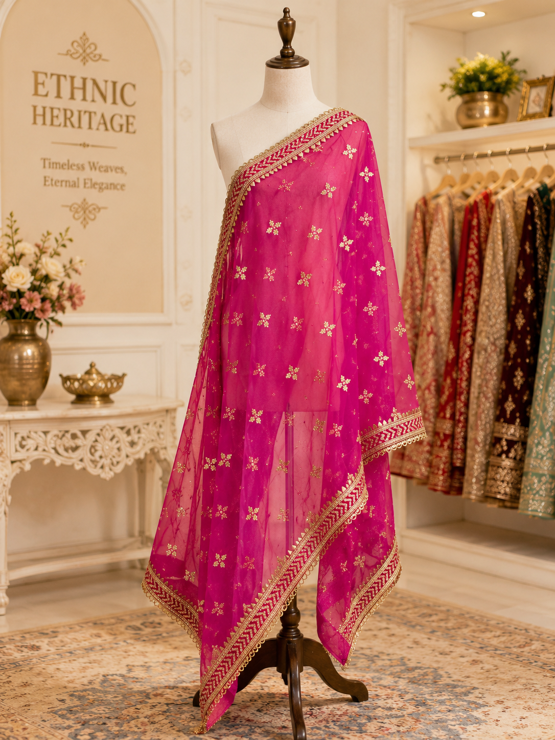 Magenta Pink Net Dupatta — Gold Floral Booti with Chevron Lace Border