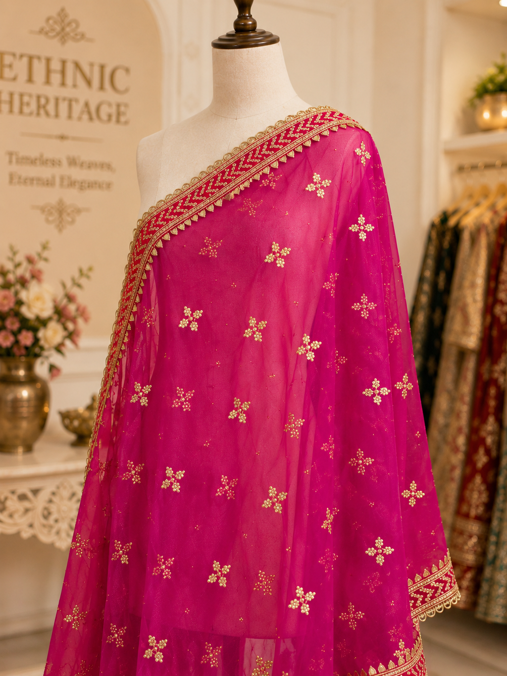 Magenta Pink Net Dupatta — Gold Floral Booti with Chevron Lace Border