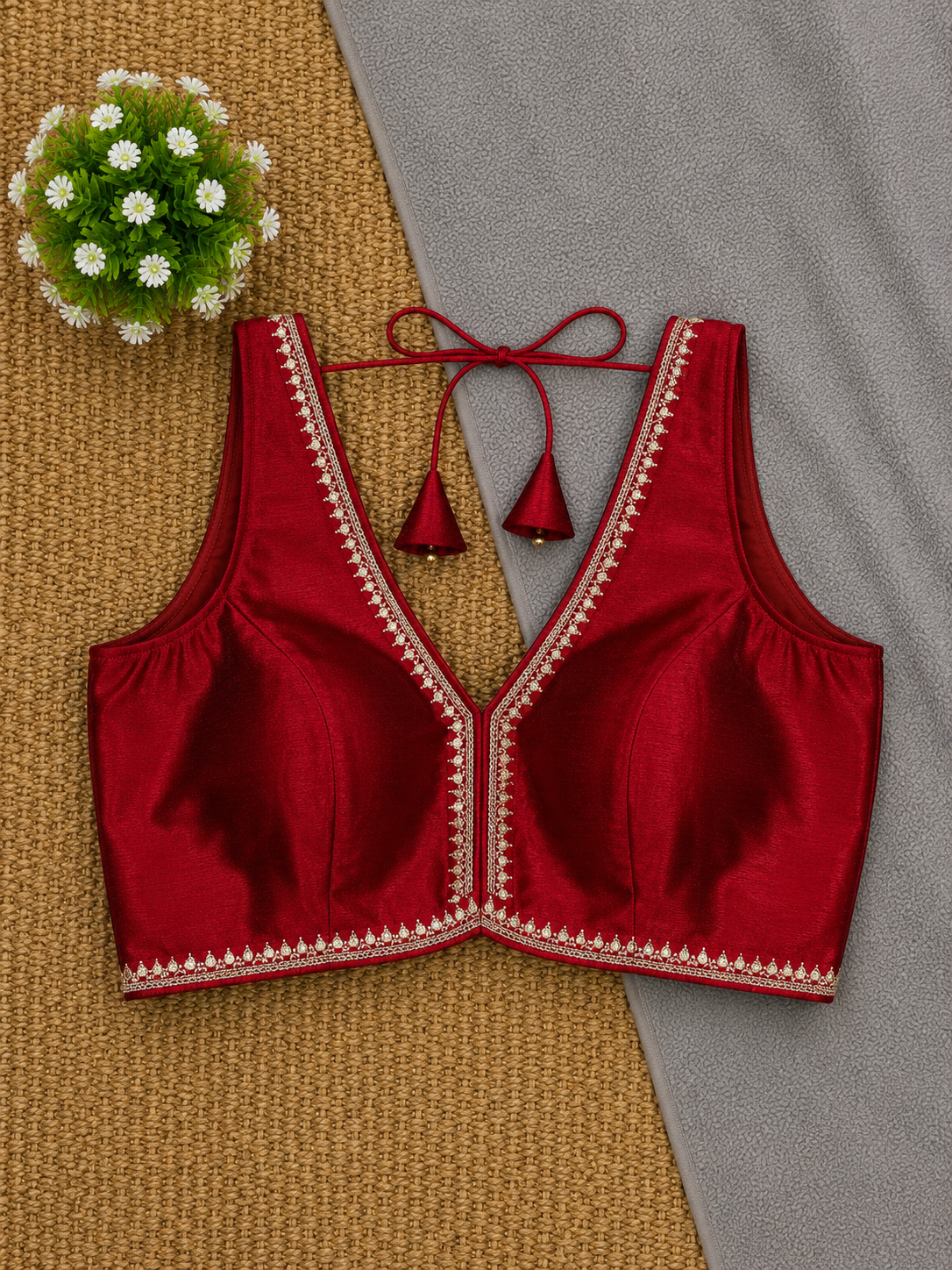 Sleeveless Silk Saree Blouse — Deep V Neck | 23 Colours | Antique Gold Trim