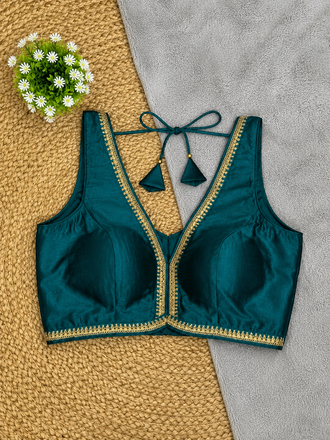 Sleeveless Silk Saree Blouse — Deep V Neck | 23 Colours | Antique Gold Trim
