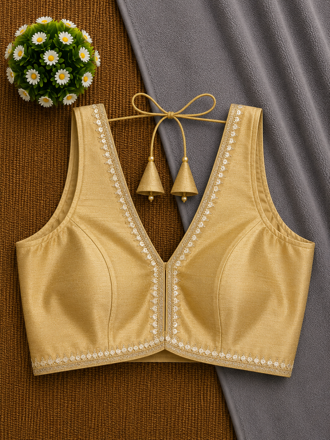 Sleeveless Silk Saree Blouse — Deep V Neck | 23 Colours | Antique Gold Trim