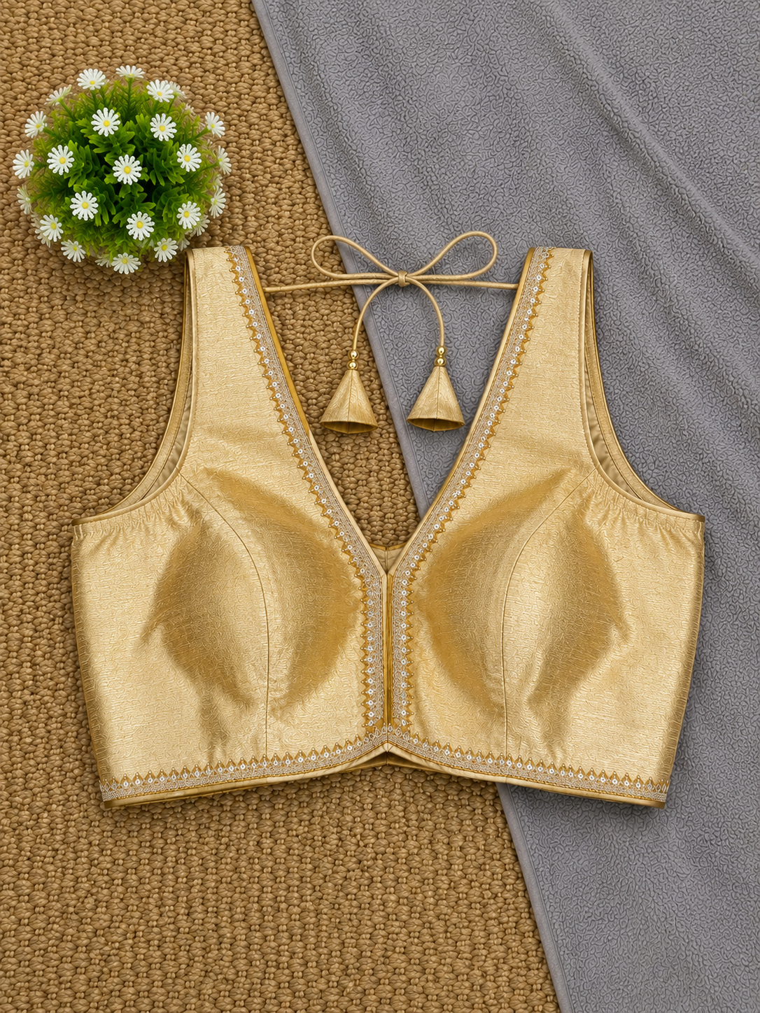 Sleeveless Silk Saree Blouse — Deep V Neck | 23 Colours | Antique Gold Trim