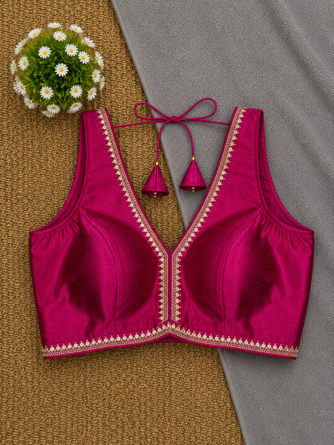 Sleeveless Silk Saree Blouse — Deep V Neck | 23 Colours | Antique Gold Trim