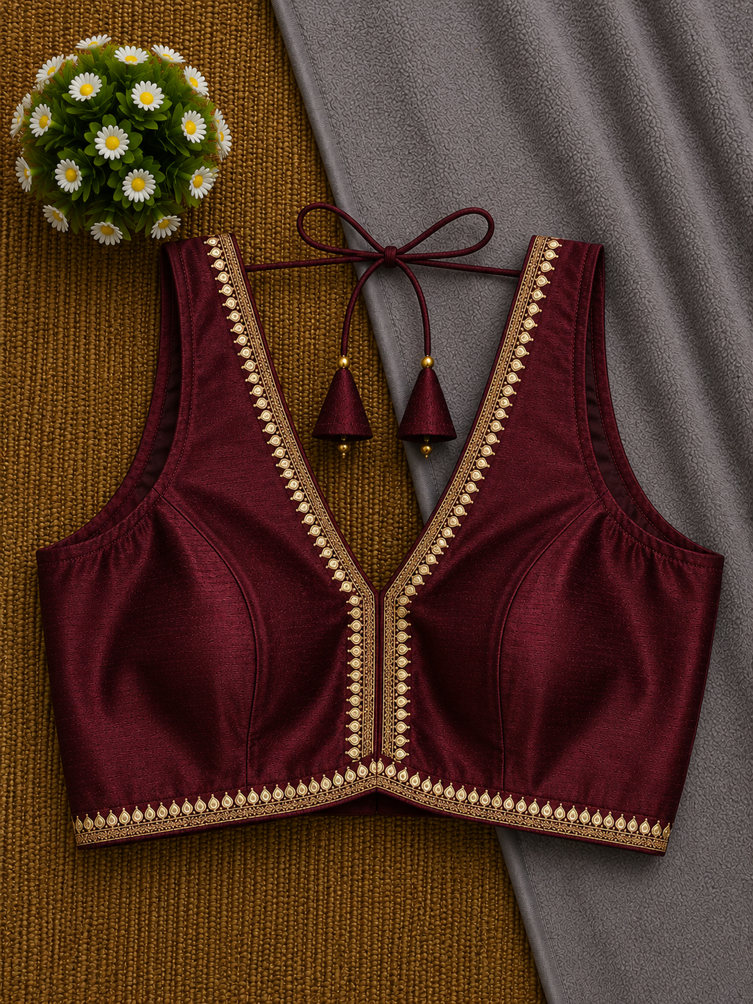 Sleeveless Silk Saree Blouse — Deep V Neck | 23 Colours | Antique Gold Trim