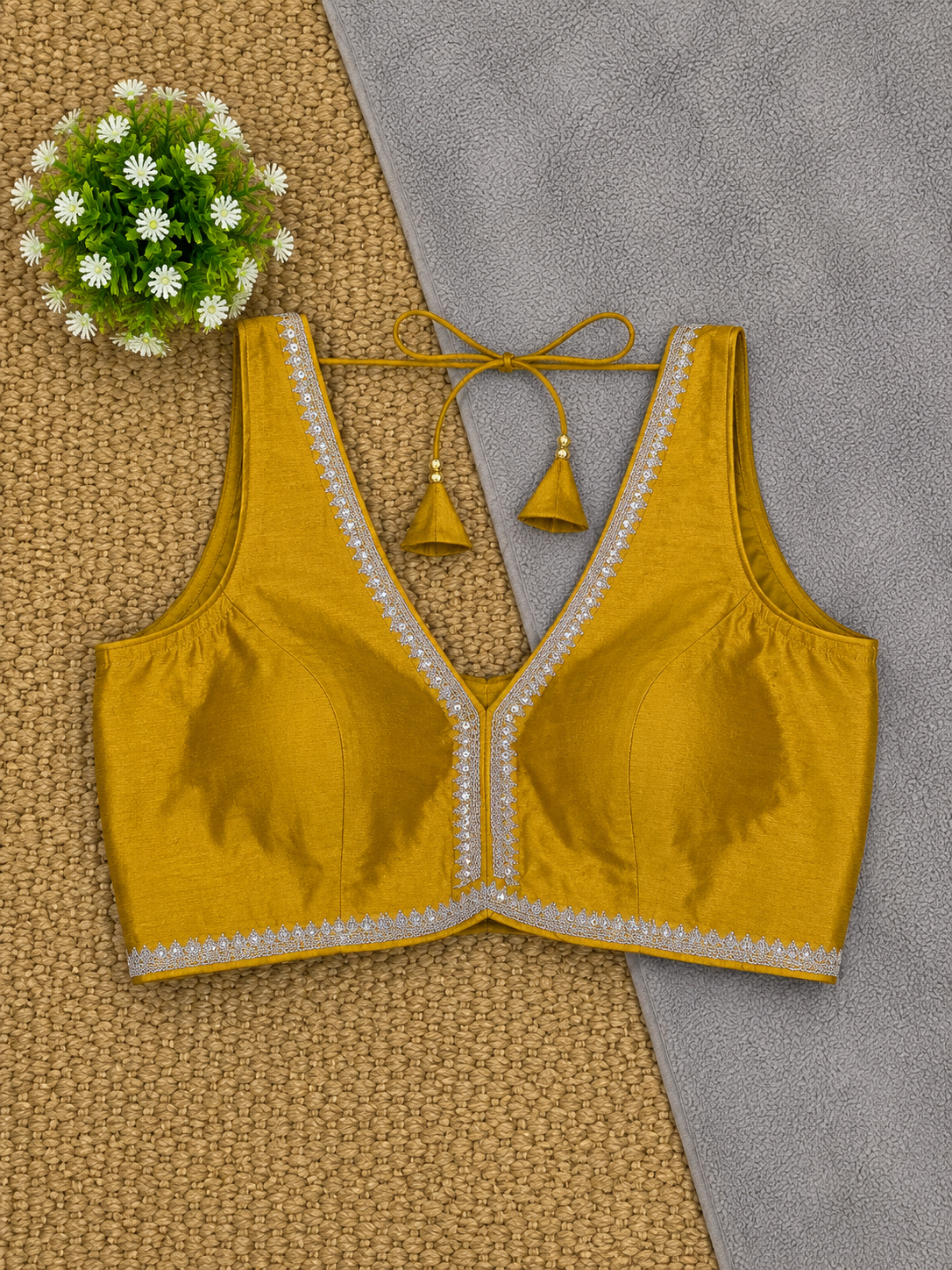 Sleeveless Silk Saree Blouse — Deep V Neck | 23 Colours | Antique Gold Trim