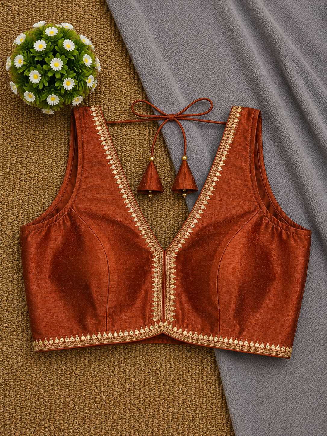 Sleeveless Silk Saree Blouse — Deep V Neck | 23 Colours | Antique Gold Trim
