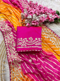 Pink Orange Leheriya Chinon Silk Saree with Gota Patti Embroidery Border & Unstitched Blouse