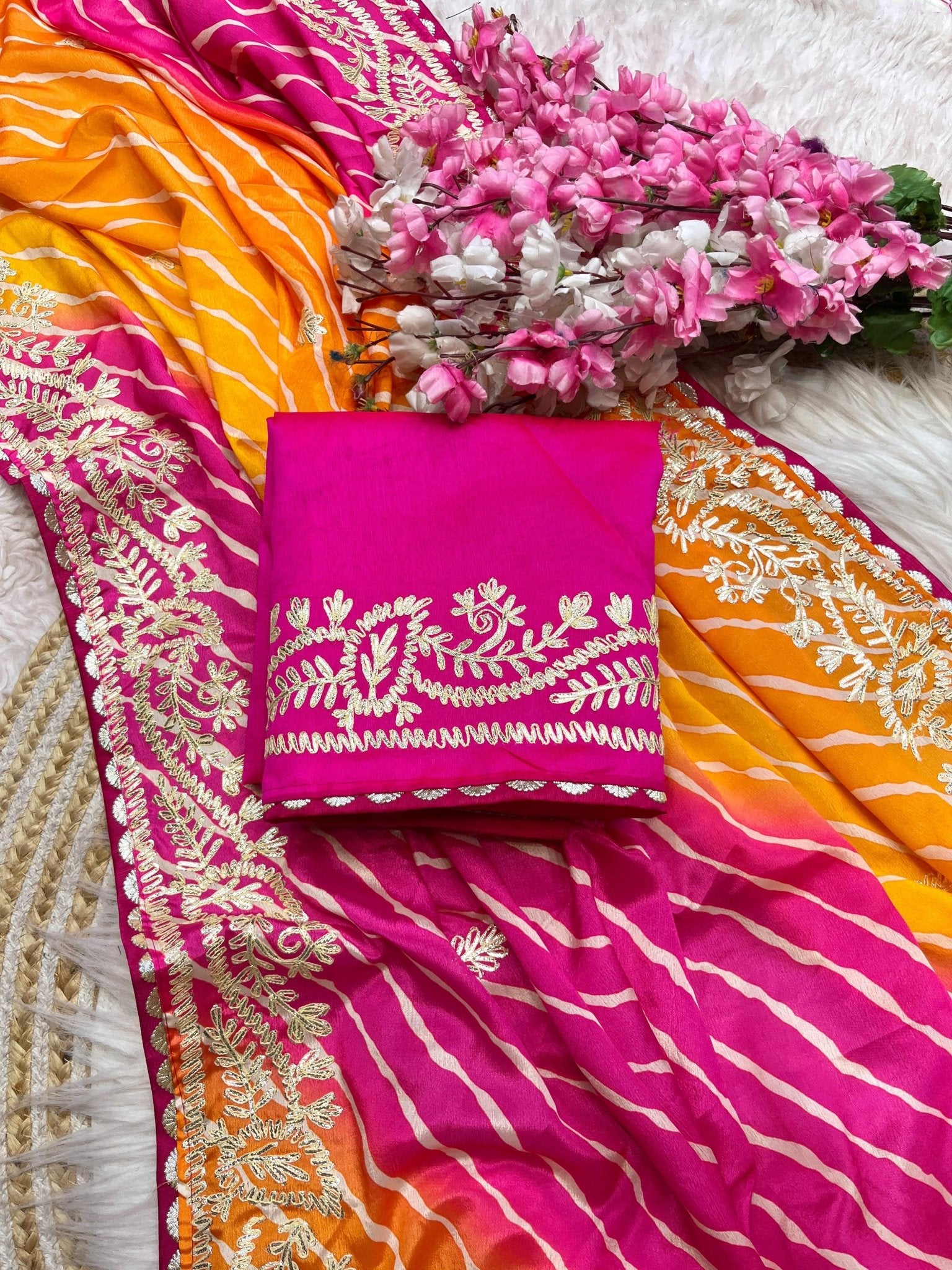 Pink Orange Leheriya Chinon Silk Saree with Gota Patti Embroidery Border & Unstitched Blouse
