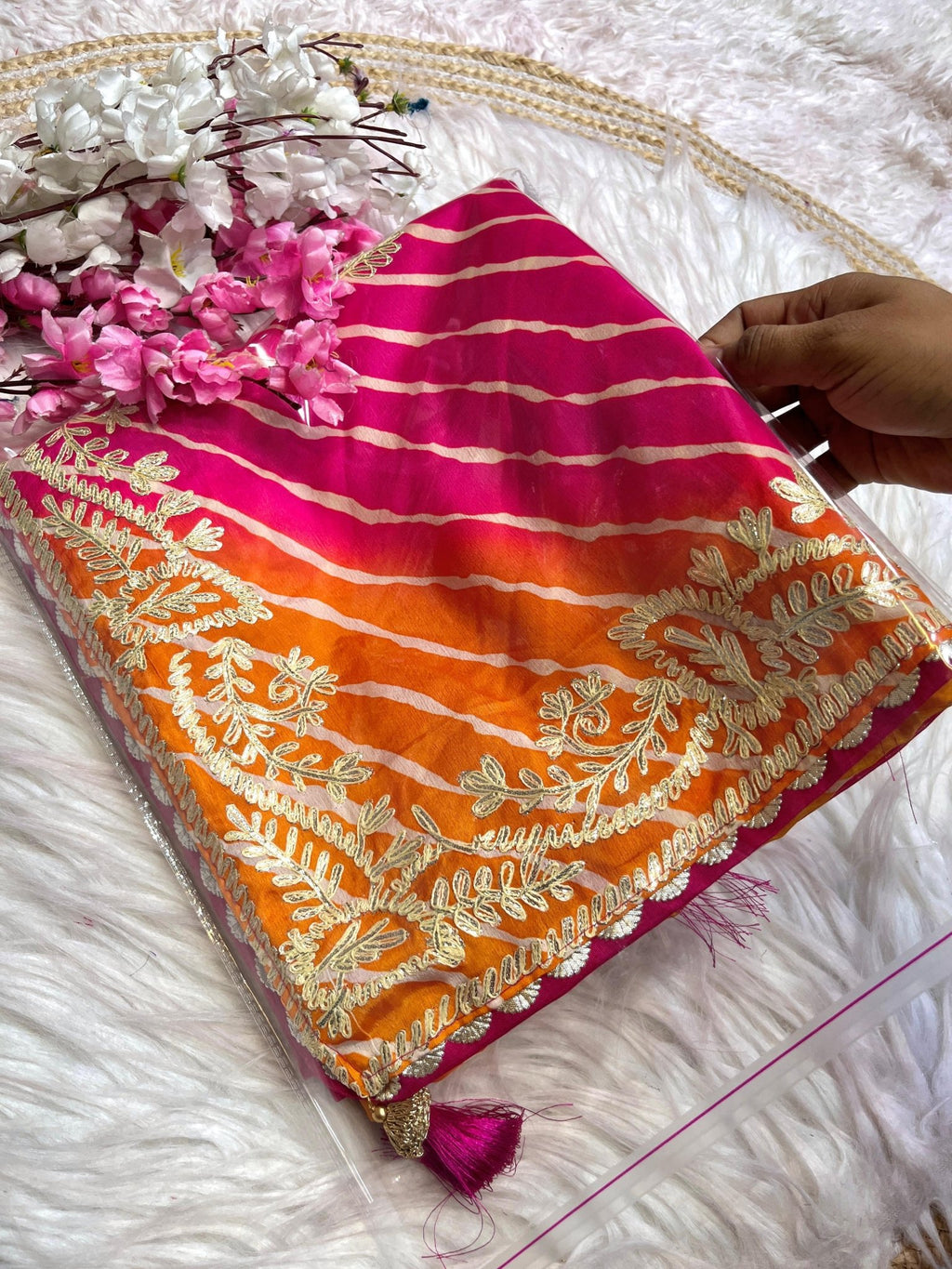 Pink Orange Leheriya Chinon Silk Saree with Gota Patti Embroidery Border & Unstitched Blouse
