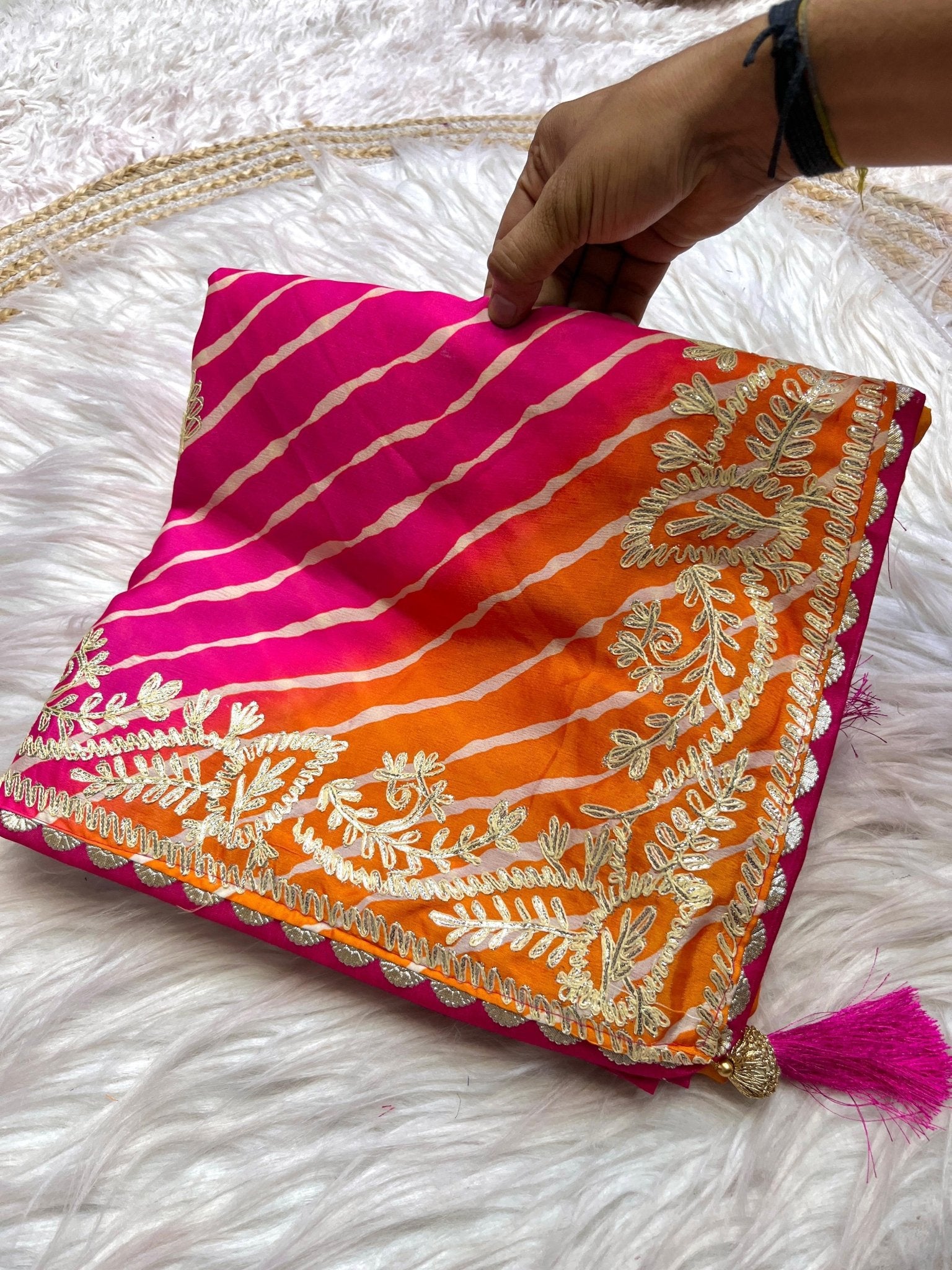Pink Orange Leheriya Chinon Silk Saree with Gota Patti Embroidery Border & Unstitched Blouse