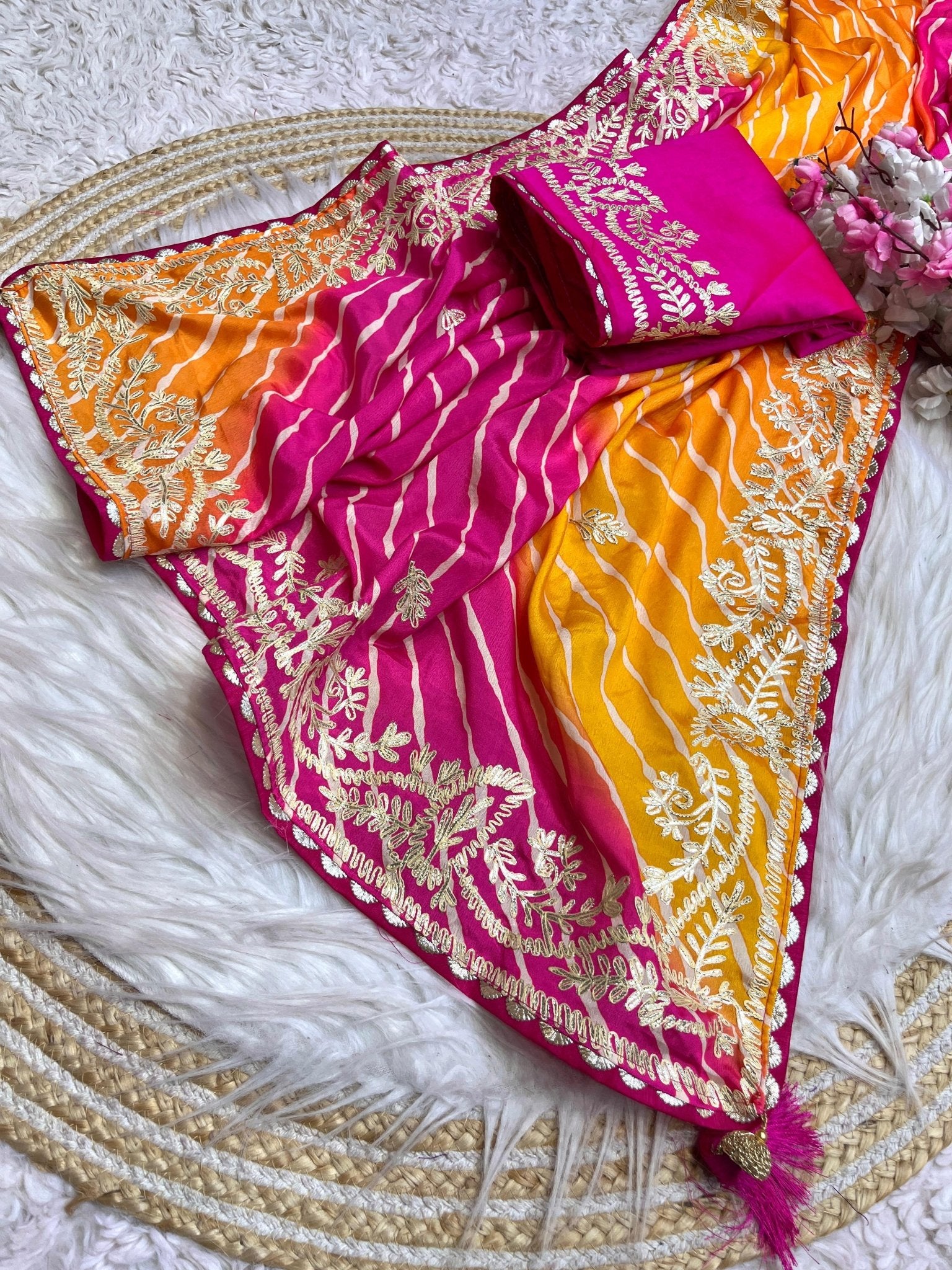 Pink Orange Leheriya Chinon Silk Saree with Gota Patti Embroidery Border & Unstitched Blouse
