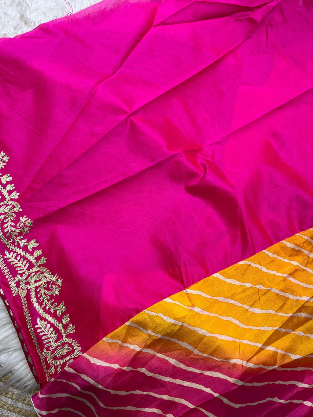 Pink Orange Leheriya Chinon Silk Saree with Gota Patti Embroidery Border & Unstitched Blouse