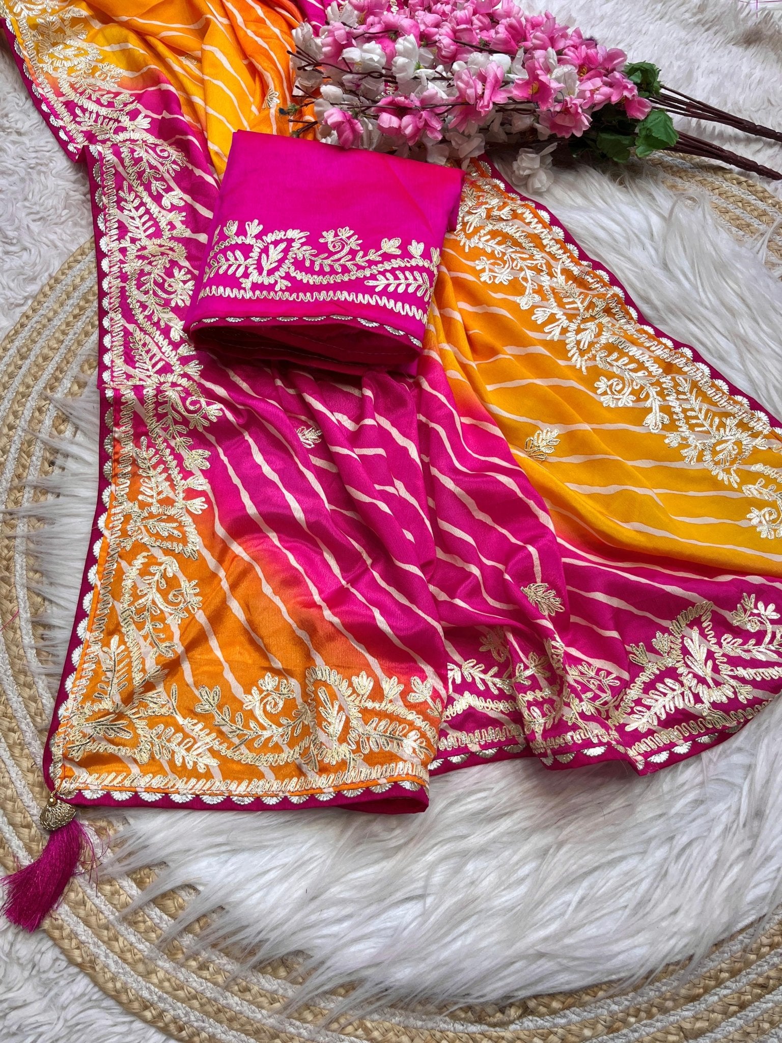Pink Orange Leheriya Chinon Silk Saree with Gota Patti Embroidery Border & Unstitched Blouse