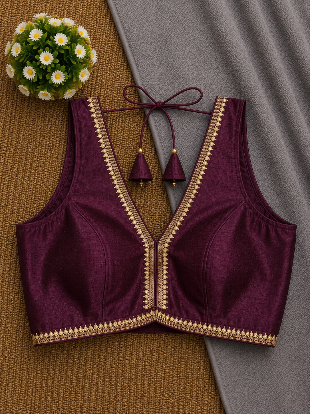 Sleeveless Silk Saree Blouse — Deep V Neck | 23 Colours | Antique Gold Trim