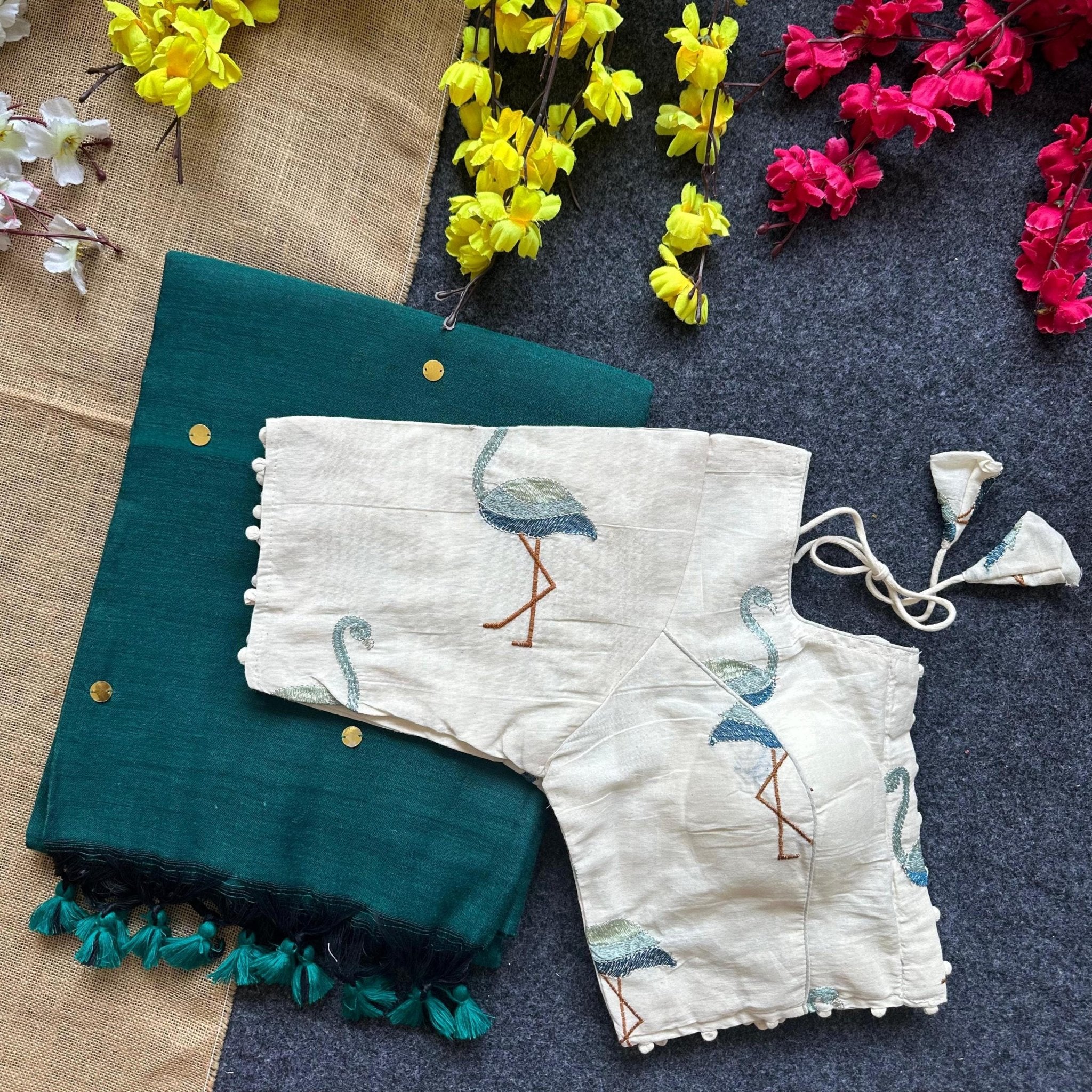 Embroidered Khadi Cotton Saree with Khadi Blouse