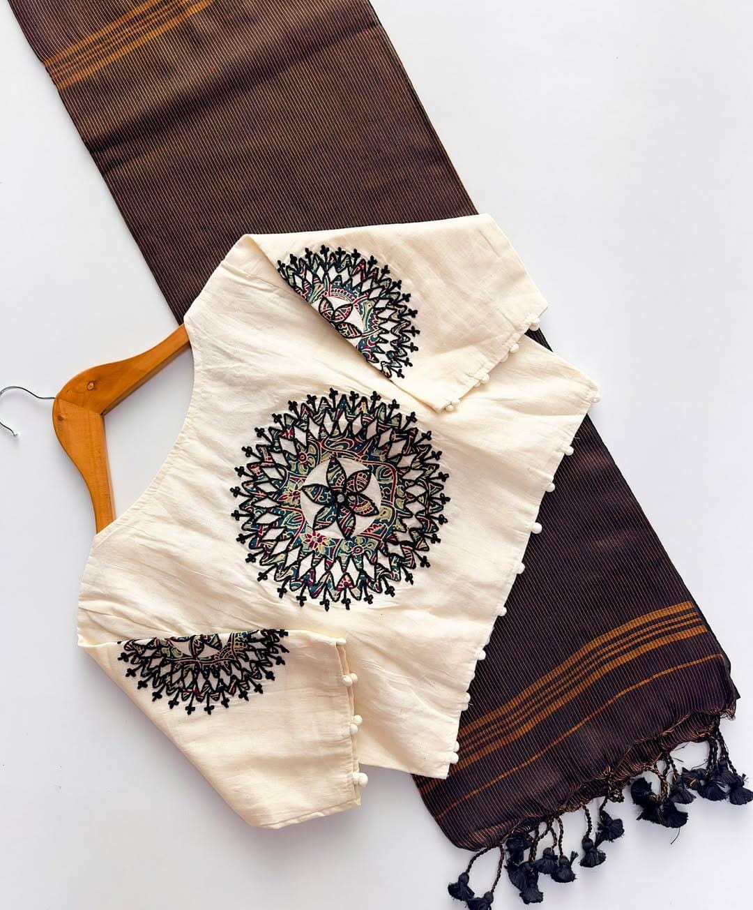 Embroidered Khadi Cotton Saree with Khadi Blouse (Size 38-42)