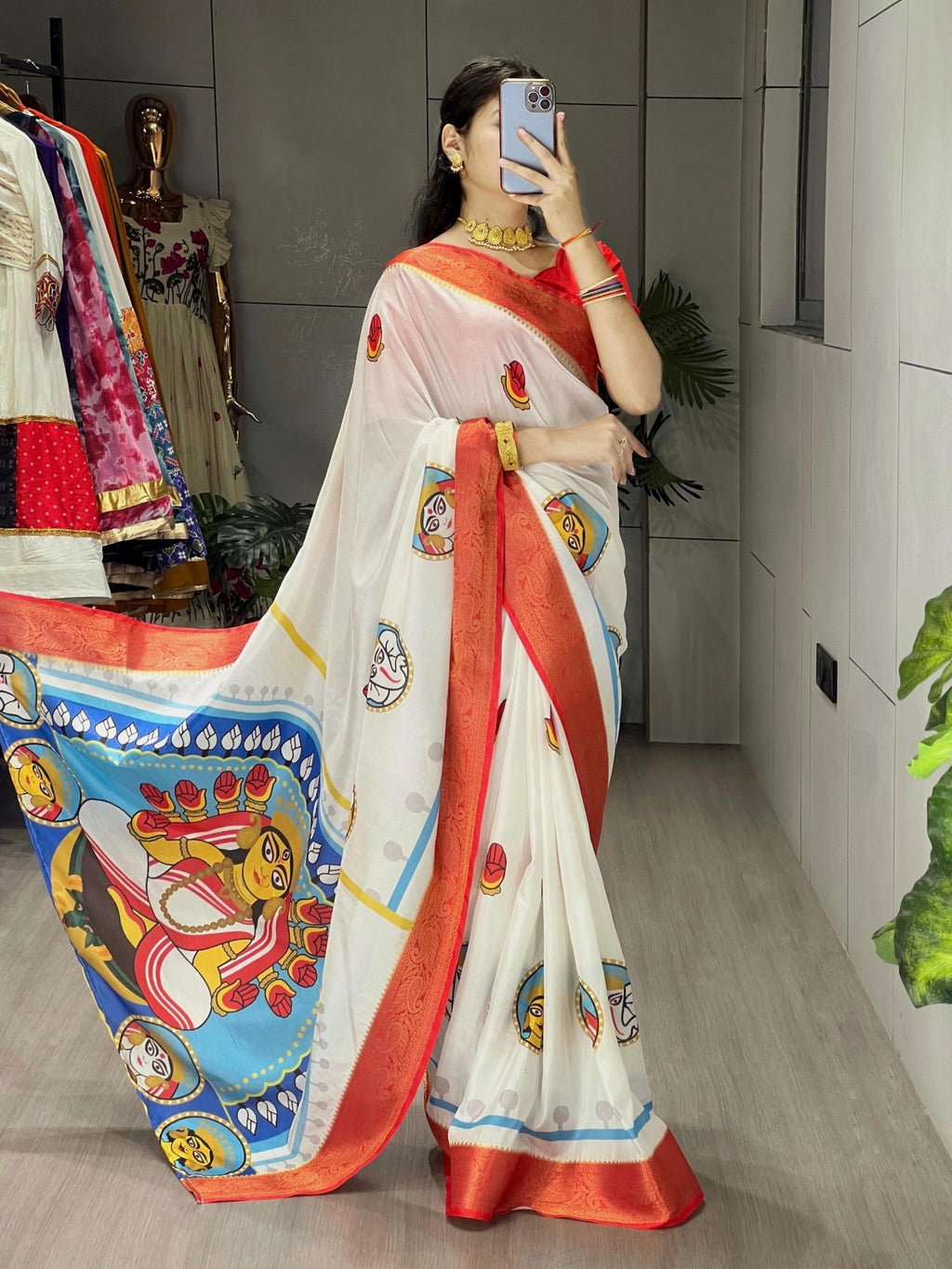 Durga Pooja Special Saree with printed blouse