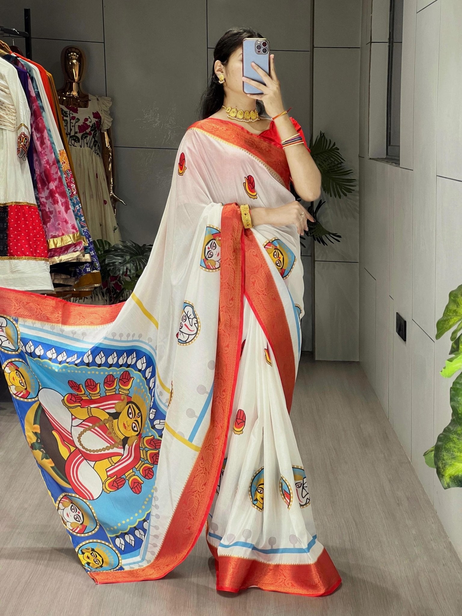 Durga Pooja Special Saree with printed blouse