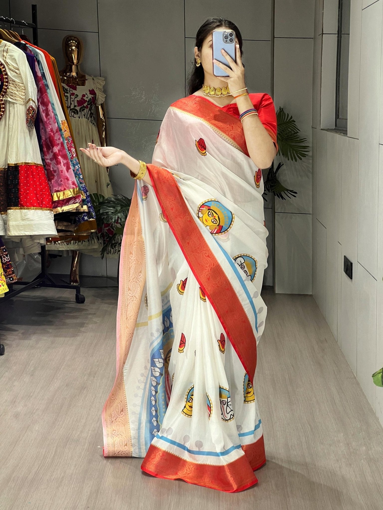 Durga Pooja Special Saree with printed blouse