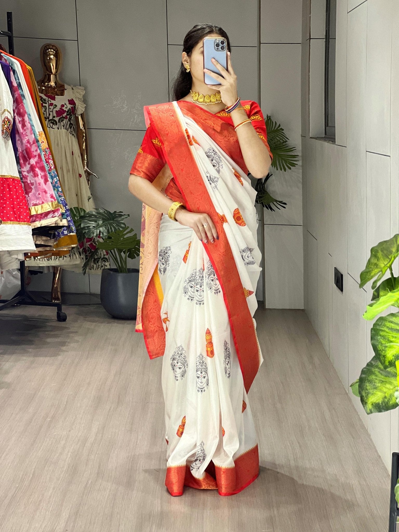 Durga Pooja Special Saree with printed blouse