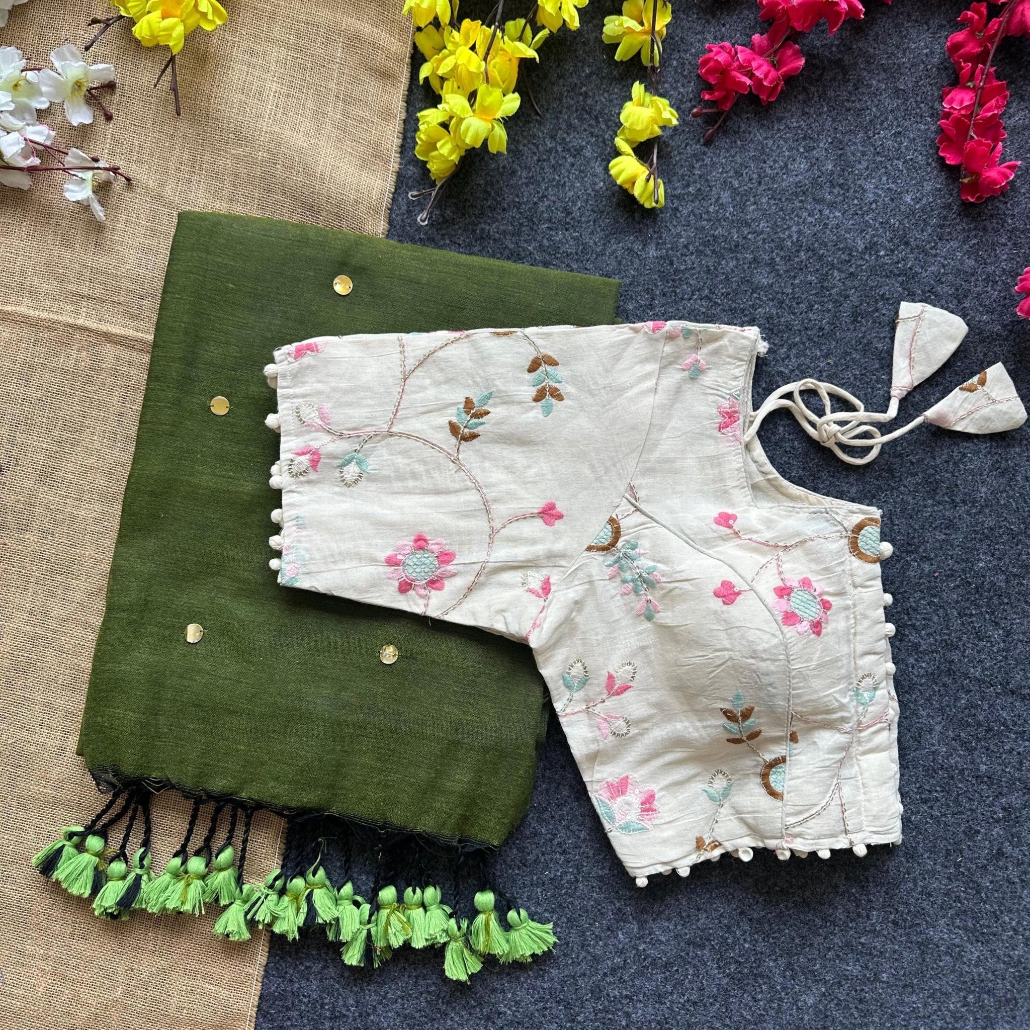 Floral embroidered pure khadi cotton blouse