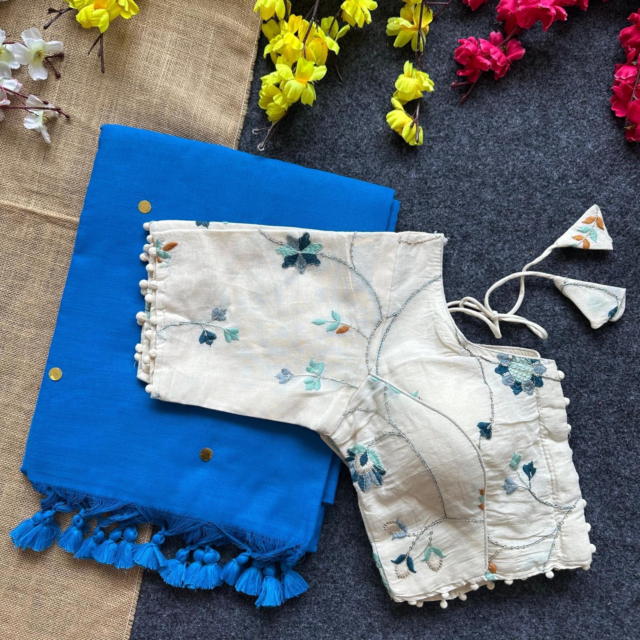 Embroidered Khadi Cotton Saree with Khadi Blouse