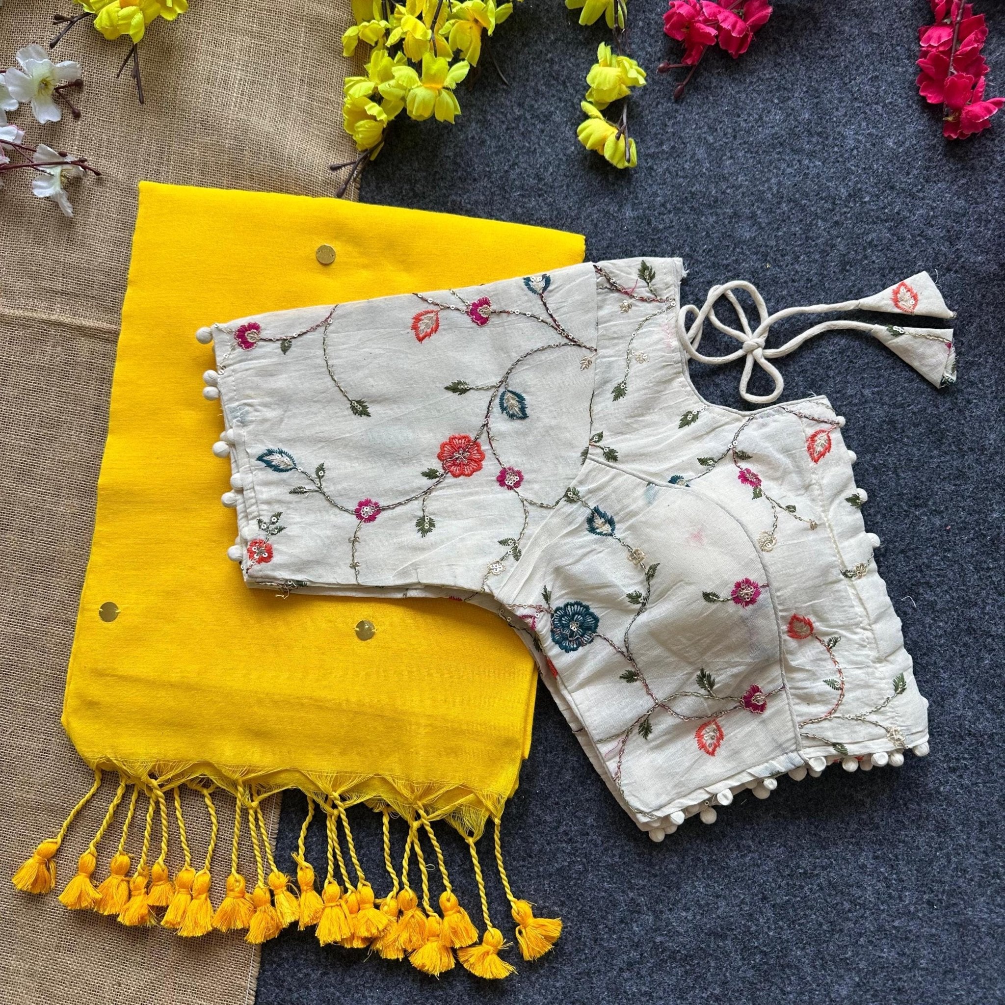Embroidered Khadi Cotton Saree with Khadi Blouse