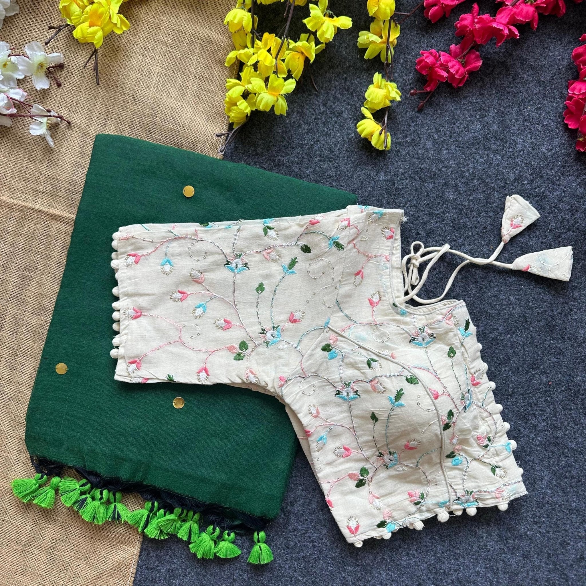 Embroidered Khadi Cotton Saree with Khadi Blouse