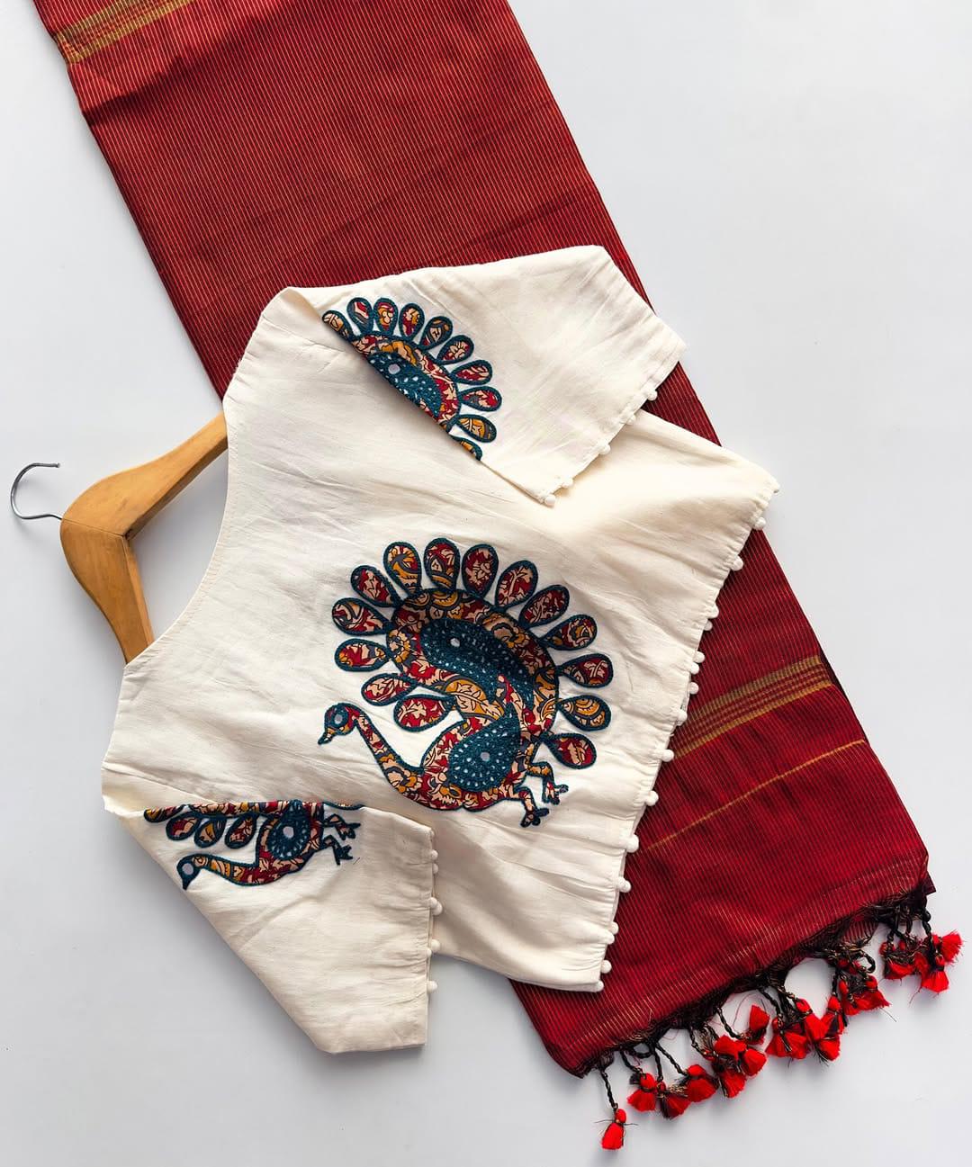 Pure khadi blouse with peacock applique design