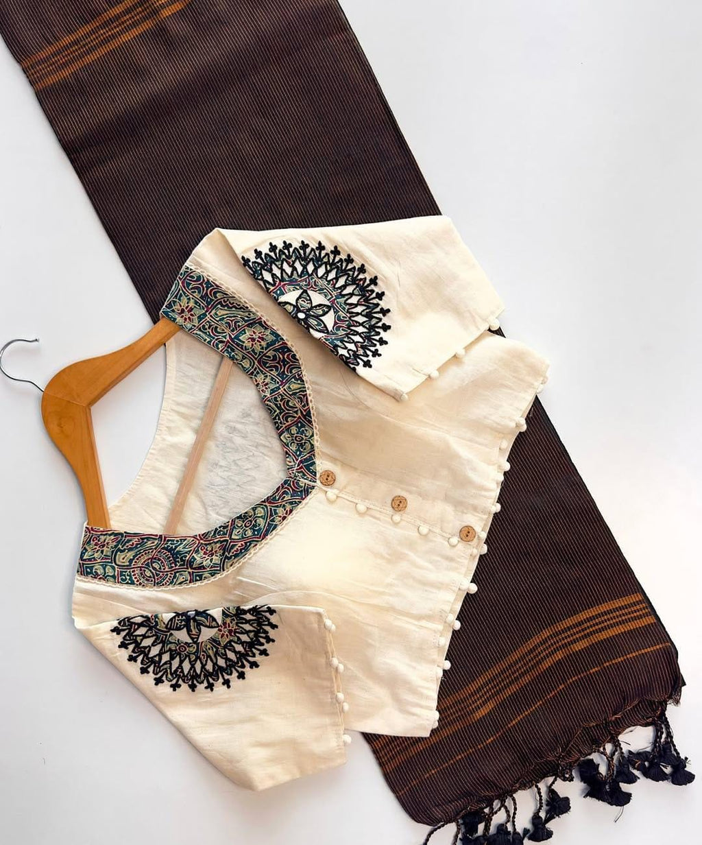 Embroidered Khadi Cotton Saree with Khadi Blouse (Size 38-42)