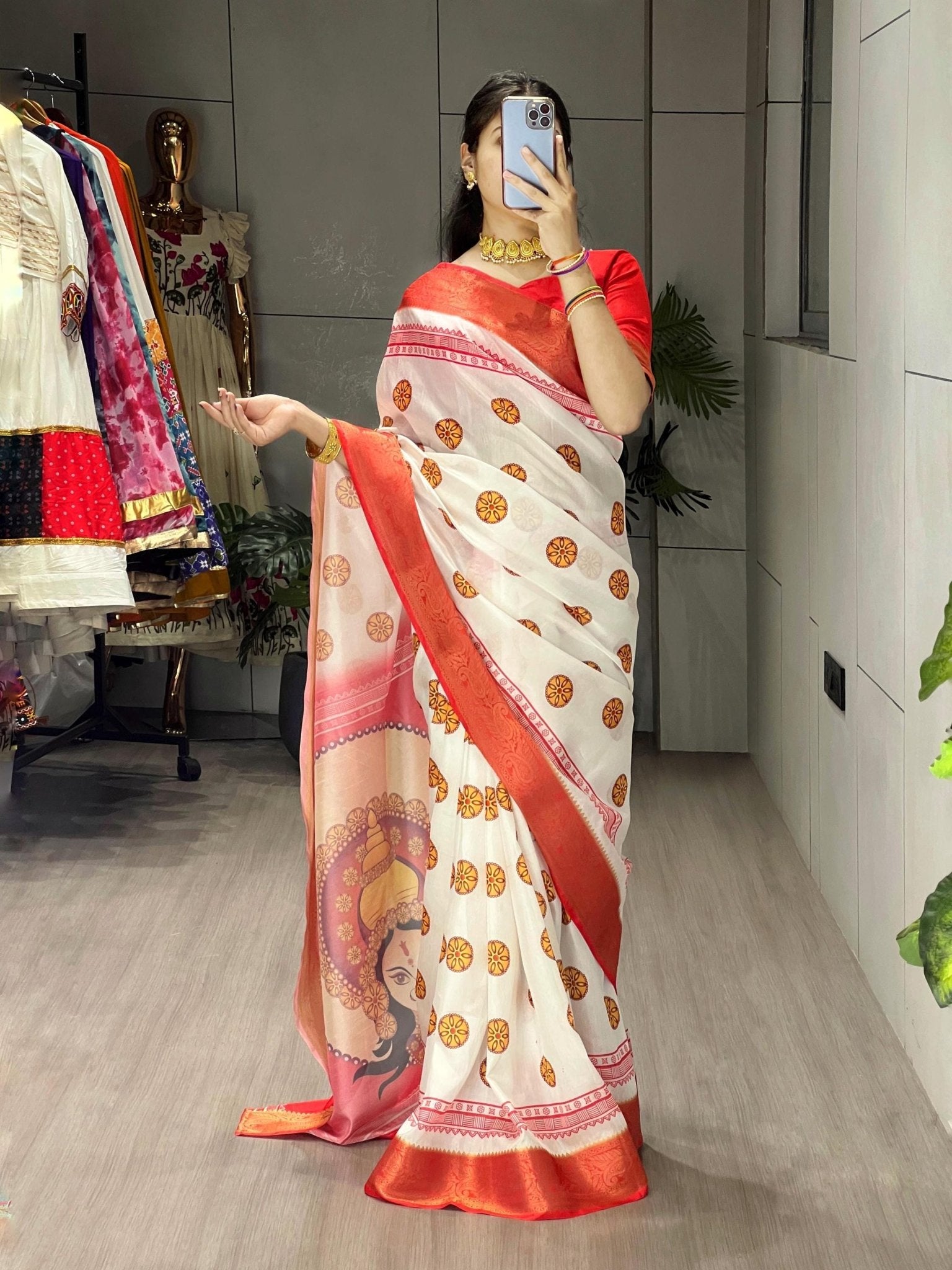 Durga Pooja Special Saree with printed blouse