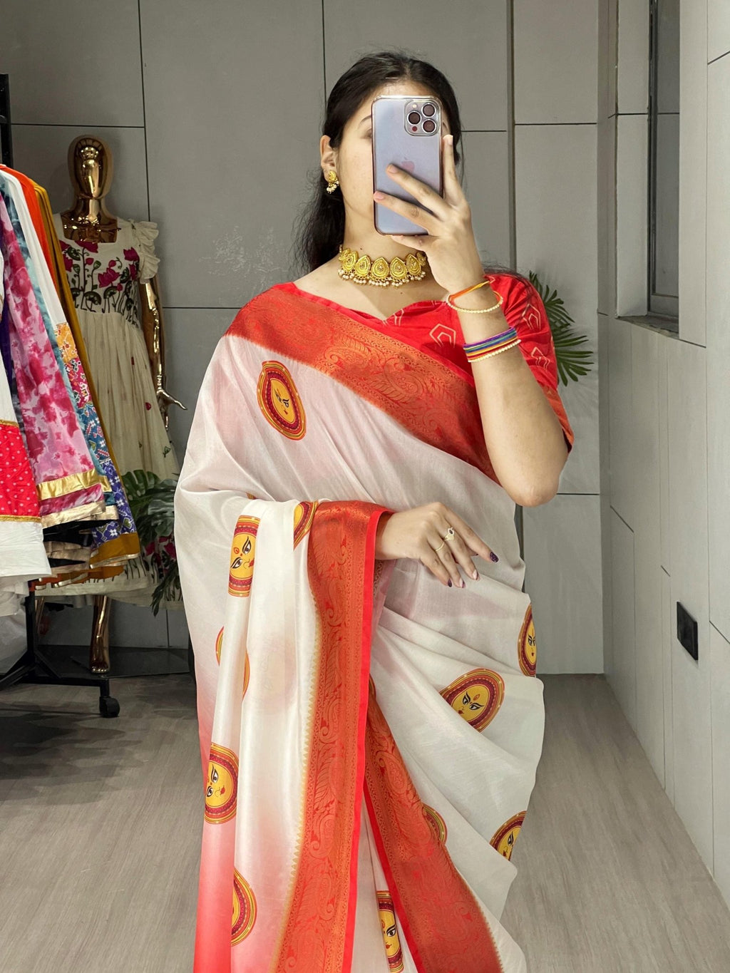 Durga Pooja Special Saree with printed blouse