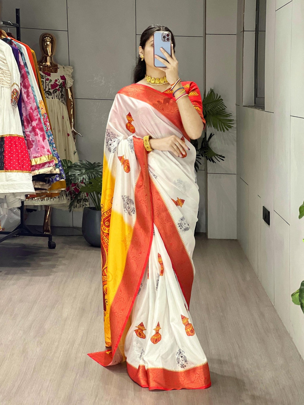 Durga Pooja Special Saree with printed blouse