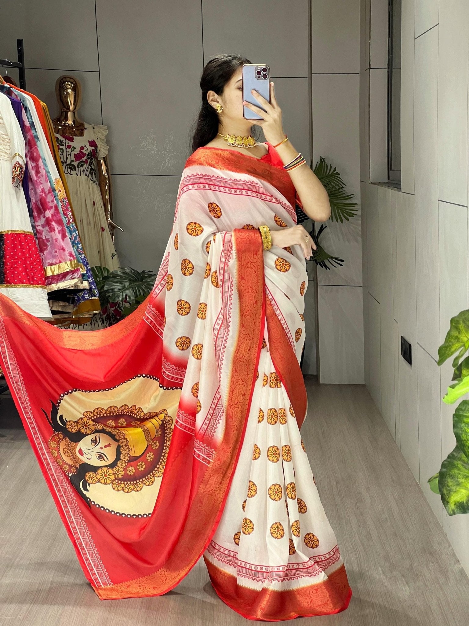 Durga Pooja Special Saree with printed blouse