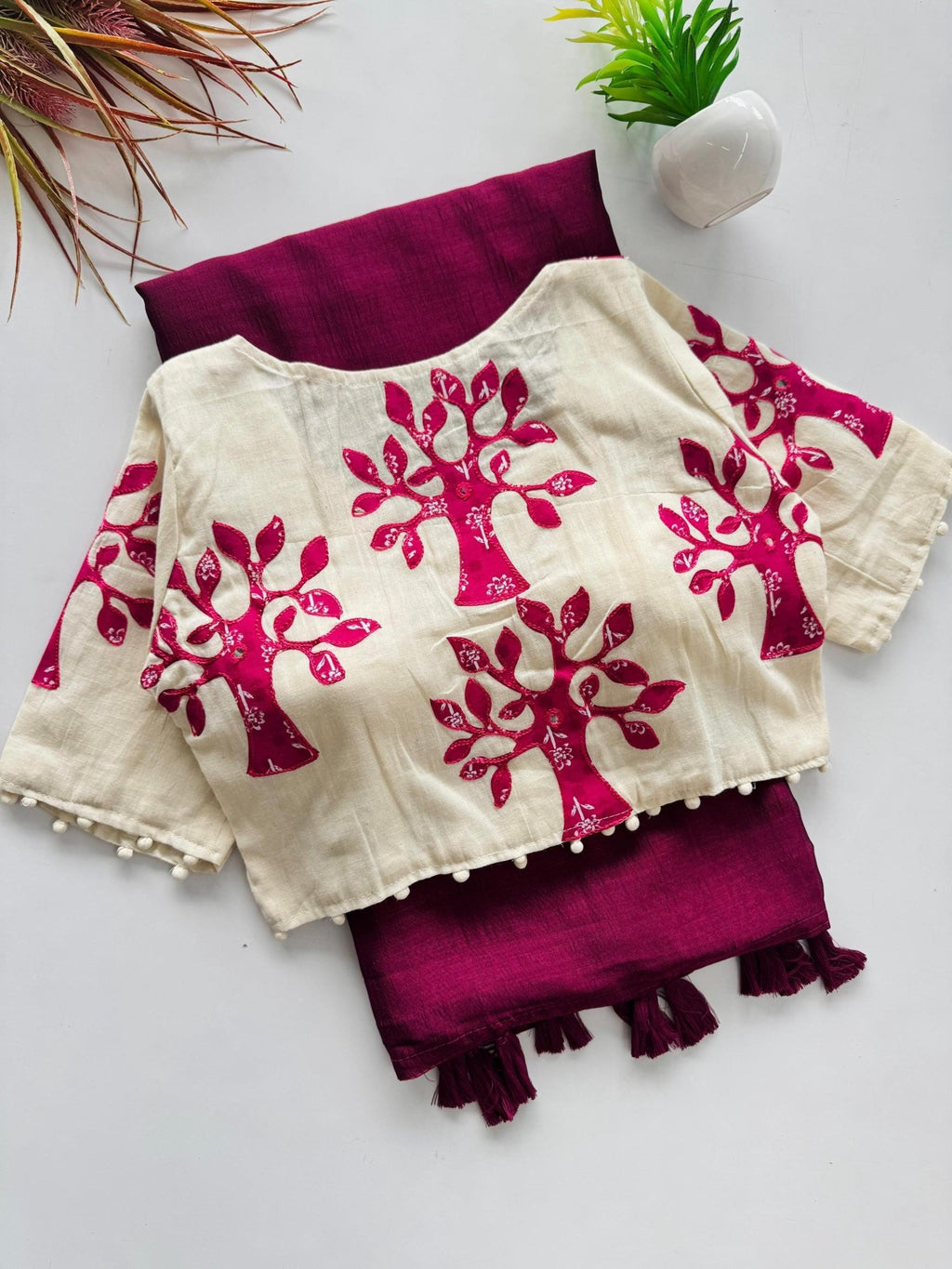 Traditional mulmul silk saree with artistic blouse