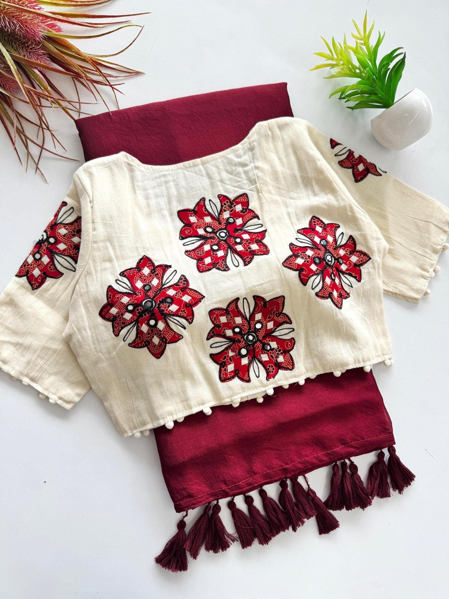 Mulmul Silk Saree–Pure Khadi Cotton Blouse Included–Handloom Print Butta–Festive/Wedding Saree