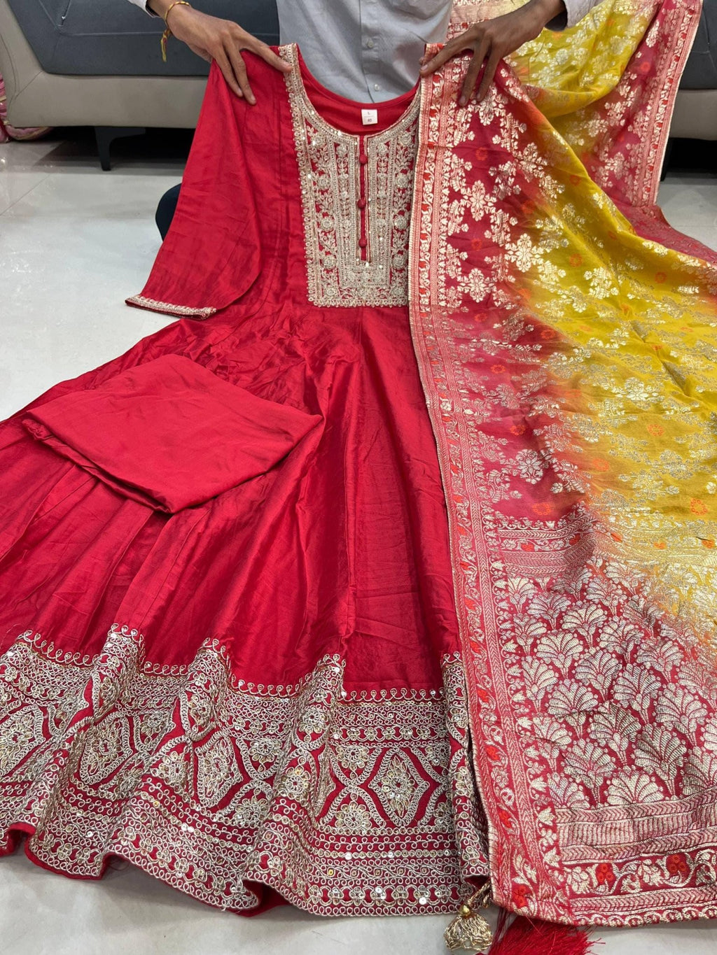 Red Pure Chanderi Anarkali suit set with Banarasi dupatta