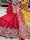 Red Pure Chanderi Anarkali suit set with Banarasi dupatta