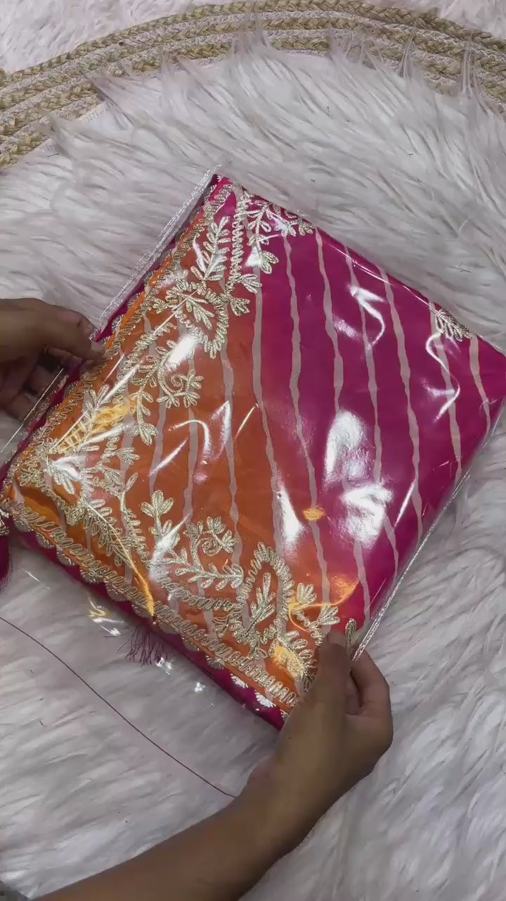 Pink Orange Leheriya Chinon Silk Saree with Gota Patti Embroidery Border & Unstitched Blouse