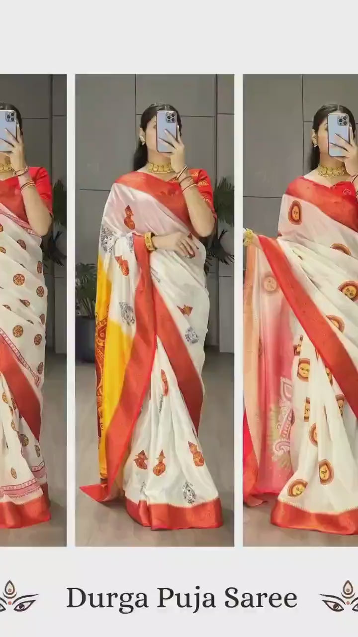 Durga Pooja Special Saree with printed blouse