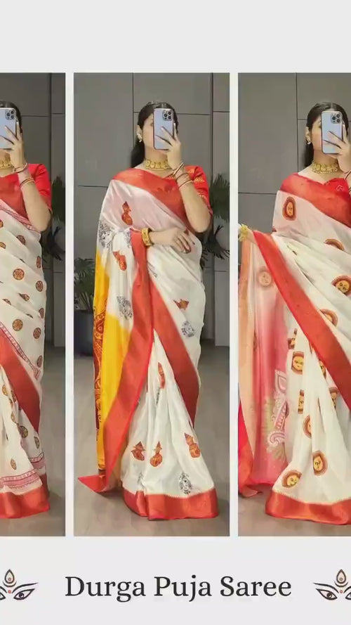 Durga Pooja Special Saree with printed blouse