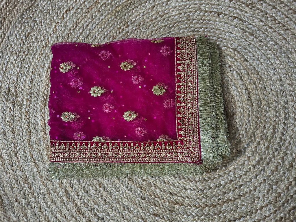 Close view of scattered zardozi booti and sequins on magenta net dupatta body, Veera Products