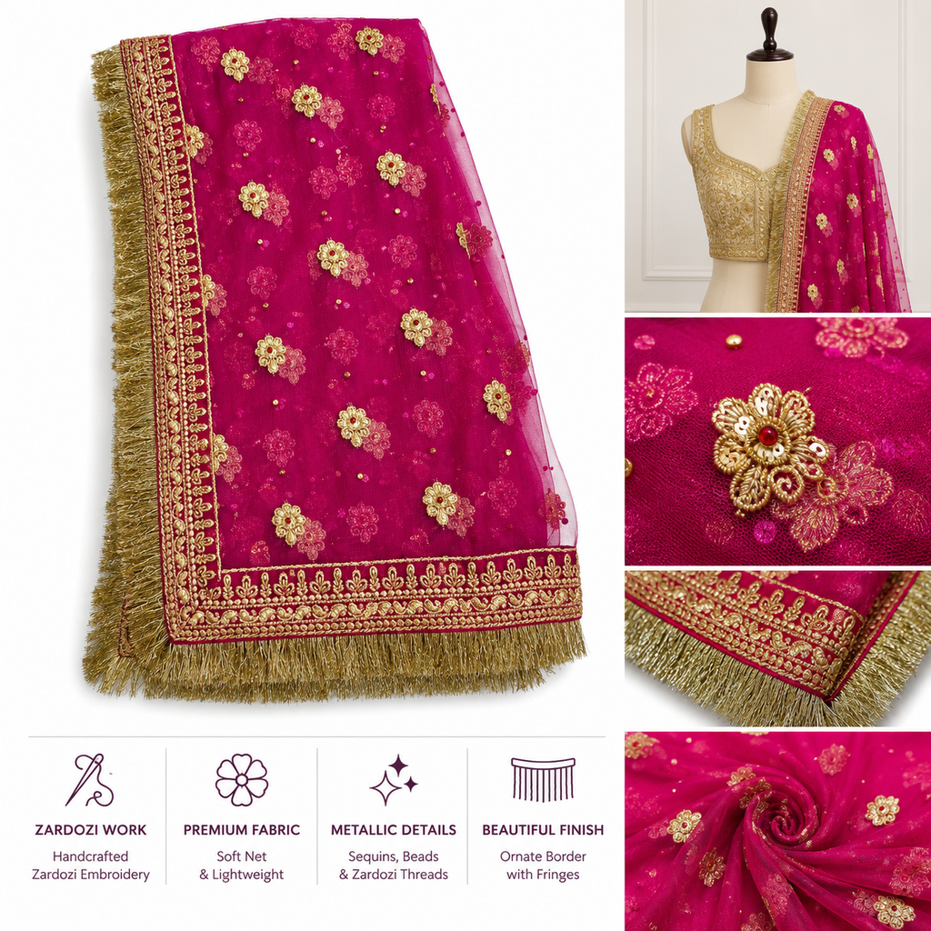 Folded magenta dupatta on jute mat showing full gold metallic fringe and border, Veera Products