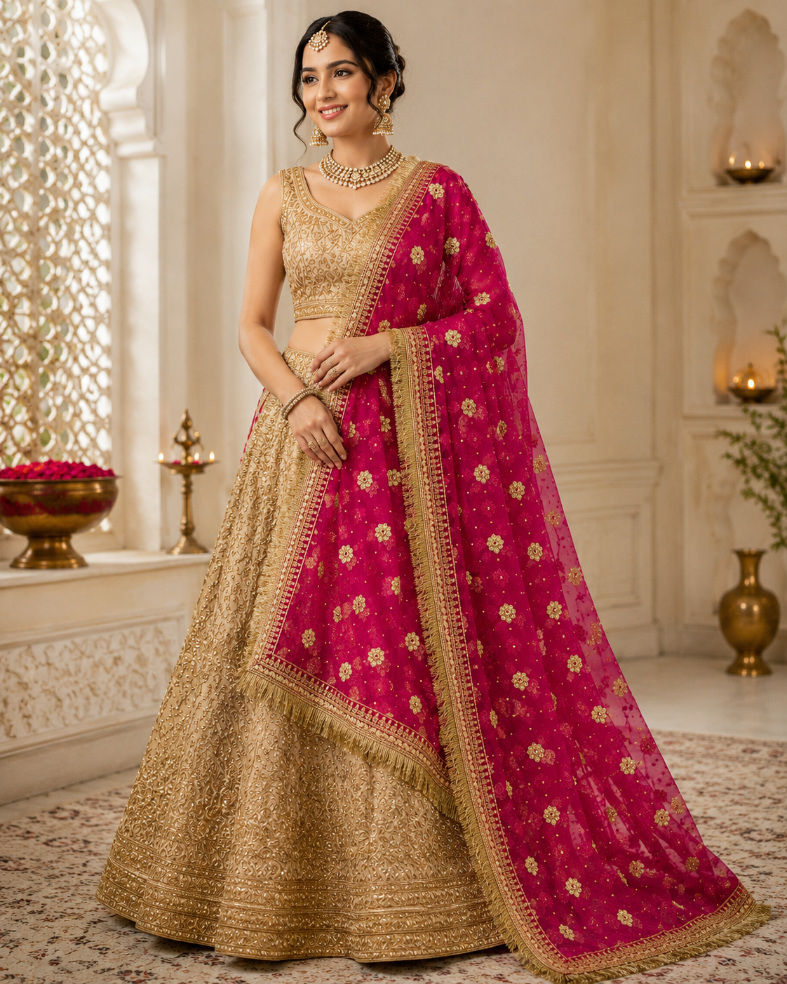 Magenta zardozi dupatta on bride in gold lehenga, full Indian bridal look, Veera Products