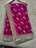 Magenta pink zardozi net bridal dupatta with gold floral booti and fringe border, Veera Products
