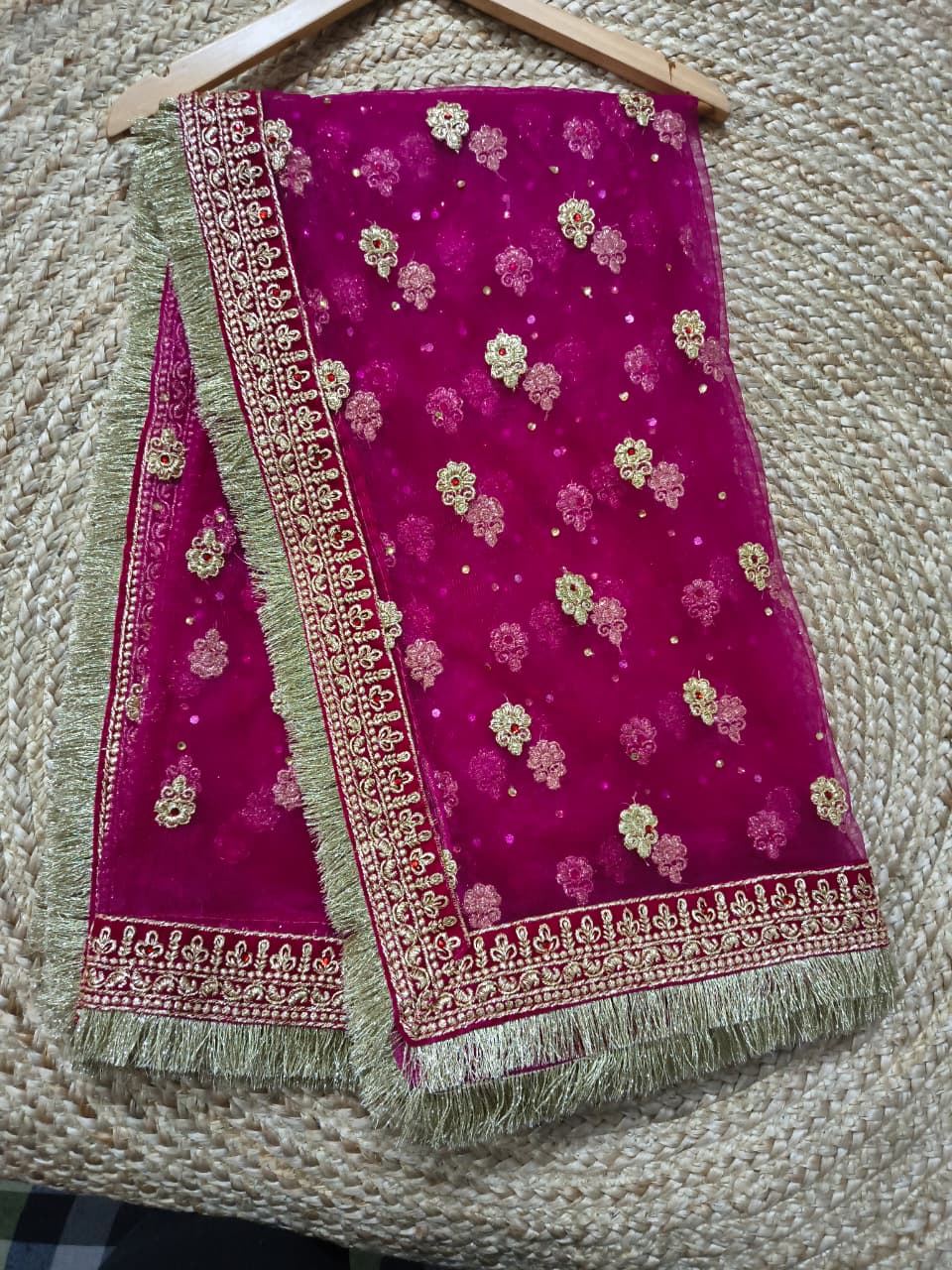 Magenta pink zardozi net bridal dupatta with gold floral booti and fringe border, Veera Products