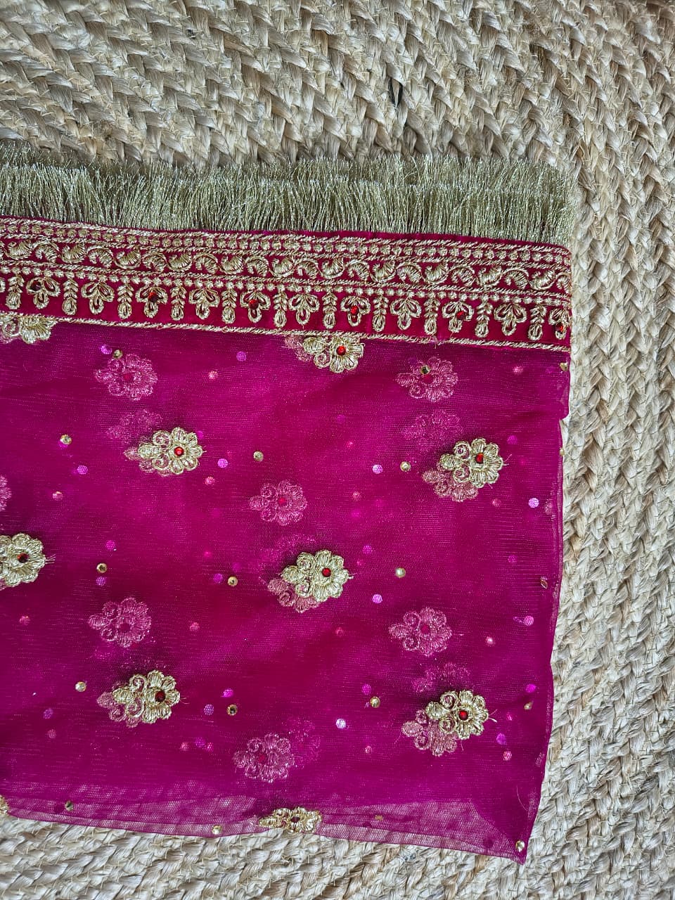 Gold zardozi corner medallion with red stone on crimson border of magenta dupatta, Veera Products